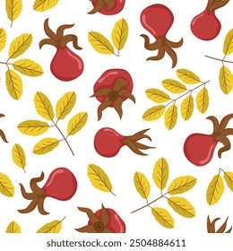 Vector seamless pattern with yellow leaves and red berries. Autumn repeating pattern with Rosehip berry. Image for wallpaper, packaging and postcards. Ripe berries with leaves in autumn tons.