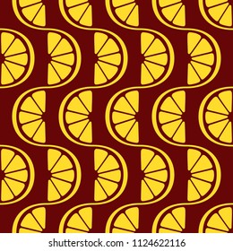 Vector seamless pattern. Yellow lemon slices connected to each other. Citrus fruit background. Summer bright colors, juicy fresh background, design elements. Summer background. Color illustration.