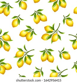 Vector seamless pattern with yellow lemon fruit branches on a white background.