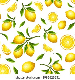 Vector seamless pattern with yellow lemon fruit and lemon branches on a white background.