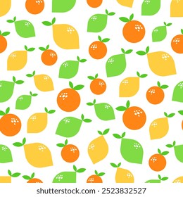 Vector seamless pattern with yellow lemon, green lime and orange on white background