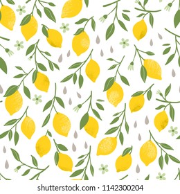 Vector seamless pattern with yellow lemons. Fruit repeated background. Vector bright print for fabric or wallpaper.