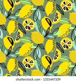 Vector seamless pattern with yellow lemons, branches, absdtact textures. Fruit repeated background. Colorful endless print for fabric or paper.