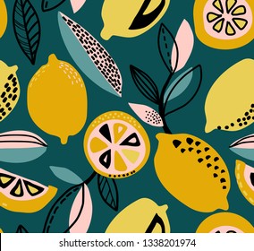 Vector seamless pattern with yellow lemons, branches, absdtact textures. Fruit repeated background. Colorful endless print for fabric or paper.