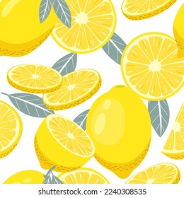 Vector seamless pattern with yellow lemons, lemon slices and halves and leaves. Fruity pattern on a white background in a flat style. Ideal for printing on fabric, wrapping paper, wallpaper, etс.