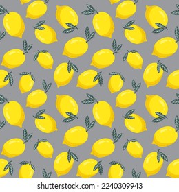 Vector seamless pattern with yellow lemons and leaves. Fruity citrus pattern on a purple background in a flat style. Ideal for printing on fabric, wrapping paper, wallpaper, etc.