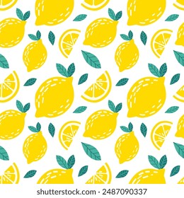 Vector seamless pattern with yellow lemons and slices on a white background.