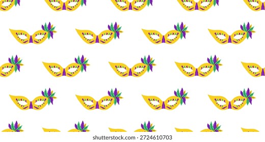 Patrón sin fisuras de Vector con máscara amarilla de Mardi Gras con plumas de colores sobre fondo blanco, disfraz festivo de carnaval repetido para papel de regalo. Diseño de decoración de Festiva.