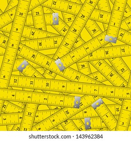 Vector seamless pattern with yellow measuring tapes. Units - Inches.