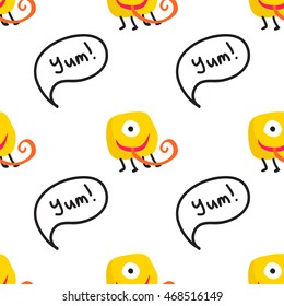 Vector seamless pattern with yellow monsters on white background. Happy monster with long tongue. Bubble speech "Yum!". Elements for design.