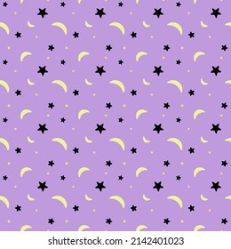 Vector seamless pattern yellow moon and black star on purple sky background for wrapping paper scrapbook elements fashion fabric pajamas design