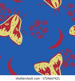 Vector seamless pattern with yellow moths and red moons on blue background