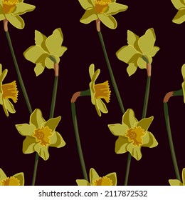Patrón vectorial sin fisuras con narcisos amarillos en un fondo oscuro. Flores aisladas daffodil. Ilustración para una brillante tarjeta de Pascua, afiche, pancarta, tela, textil
