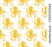 Vector seamless pattern with yellow octopuses. Cute octopuses have fun