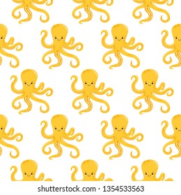 Vector seamless pattern with yellow octopuses. Cute octopuses have fun