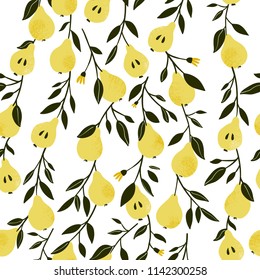 Vector seamless pattern with yellow pear. Fruit repeated background. Vector bright print for fabric or wallpaper.