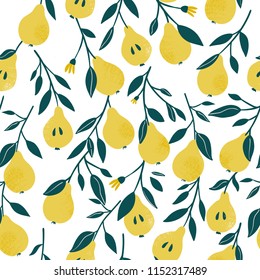 Сute vector seamless pattern with yellow 
pear. Fruit background. Vector bright print for fabric or wallpaper.