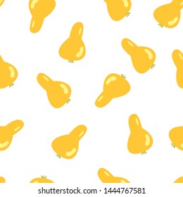 Vector seamless pattern with yellow pears on white background. Illustration cute cartoon style. Vector print for fabric and wallpaper. Vegan, farm, natural food background