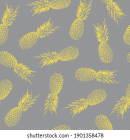 Vector seamless pattern, yellow pineapples on a gray background. Trending colors, ultimate gray and yellow. For clothing, textiles, packaging