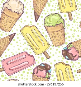 Vector seamless pattern with yellow, pink, green, blue and chocolate ice cream