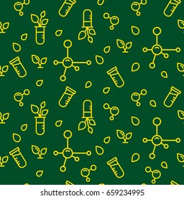 Vector seamless pattern with  yellow plants, leaves and molecules on dark green backdrop. Agricultural background. Fertilizer illustration. Can be used for print on clothes, package, wrapping paper.