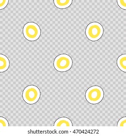 Vector seamless pattern with yellow polka dot. Hand drawn cute and funny fashion illustration patches or stickers kit. Modern doodle pop art sketch badges and pins
