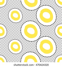 Vector seamless pattern with yellow polka dot. Hand drawn cute and funny fashion illustration patches or stickers kit. Modern doodle pop art sketch badges and pins