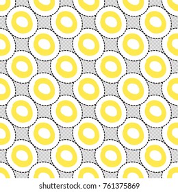 Vector seamless pattern with yellow polka dot. Hand drawn cute and funny fashion illustration patches or stickers kit. Modern doodle pop art sketch badges and pins