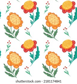 Vector seamless pattern with yellow and red flowers with folk art on white background. Natural background with poppy and berries for fabrics and wallpapers. Naive traditional floral texture. 