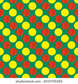 Vector seamless pattern of yellow and red watercolor circles on green background. geometric print