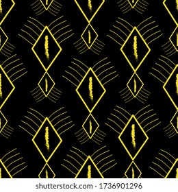 Vector seamless pattern with yellow rombues decorated with stripes on upper sides and a line in the middle.
