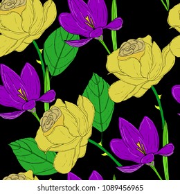 Vector seamless pattern with yellow roses and violet crocuses on white background. Colorfull natural tracery.