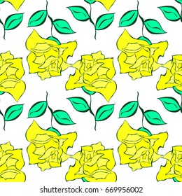 Vector seamless pattern of yellow roses with green leaves with dark contour