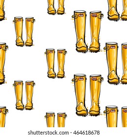 Vector seamless pattern with yellow rubber boots. Background for decoration seasonal celebration, greeting card and banner. Hand drawn symbols on white backdrop.