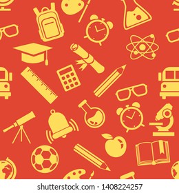 Vector Seamless Pattern of Yellow School Icons on Red Background