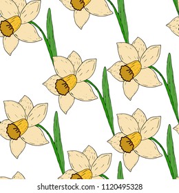 Vector seamless pattern with yellow spring daffodils.