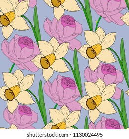 Vector seamless pattern with yellow spring daffodils and pink roses.