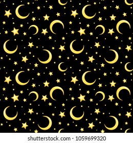 Vector seamless pattern with yellow stars and crescents on a black background.