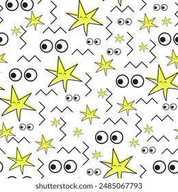 Vector seamless pattern with yellow stars, eyes, zigzags on a white background