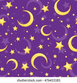 Vector seamless pattern with yellow stars and crescents on a purple background.