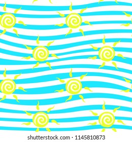 Vector seamless pattern with yellow sun with ether sign on wavy backdrop. Cute summer background. Cute colorful wallpaper for yoga club. For textile and fabric, cover, print on clothes.