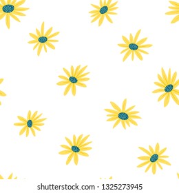 Vector seamless pattern of yellow sunflowers on a white background. Floral illustration in simple hand-drawn style.