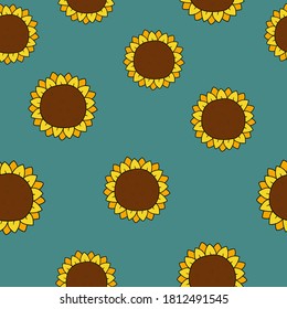 Vector seamless pattern with yellow sunflowers on a blue background. Summer pattern. Floral illustration. Natural seamless texture. For wallpaper, textiles, fabric, paper.