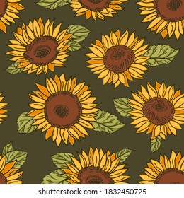 Vector seamless pattern with yellow sunflowers