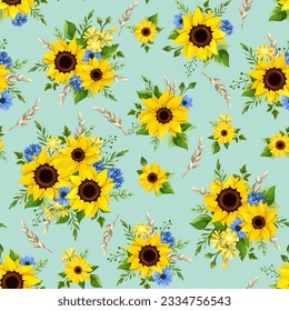 Vector seamless pattern with yellow sunflowers, blue cornflowers, and wheat ears on a turquoise green background