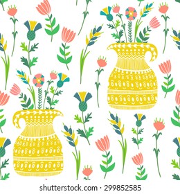 Vector seamless pattern with yellow vases with different flowers. Cute hand drawing vintage background. 