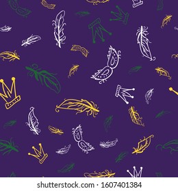 Vector seamless pattern with yellow, white, green Carnival mask, crown, feathers on purple background. Illustration for Mardi Gras and Fat Tuesday celebration. Pattern for poster, banner EPS 10