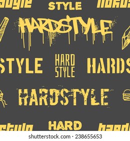 Vector seamless pattern with yellow words "HARDSTYLE". Dark gray background.