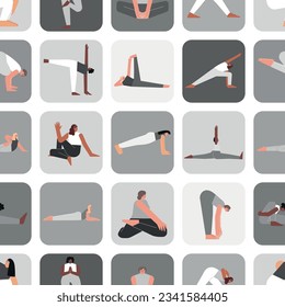 El vector presenta un patrón impecable de yoga en colores grises. Colección plana monocromática ilustrada en forma cuadrada con mujeres hispanas, africanas y caucásicas haciendo ejercicios deportivos como asanas, estiramiento