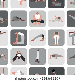 Vector seamless pattern yoga poses. Flat monochrome illustrated collection on square shape with hispanic, african american, caucasian women making sport trainings: asanas, stretchening and meditation